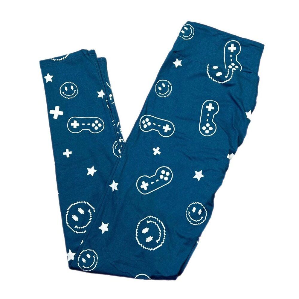 NEW TC2 LuLaRoe For the Win Blue Gaming Leggings Comfort Comfy Blue White